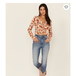 Wild Moss Women's Rust Long Sleeve Floral Button Cinch Front Knit Top